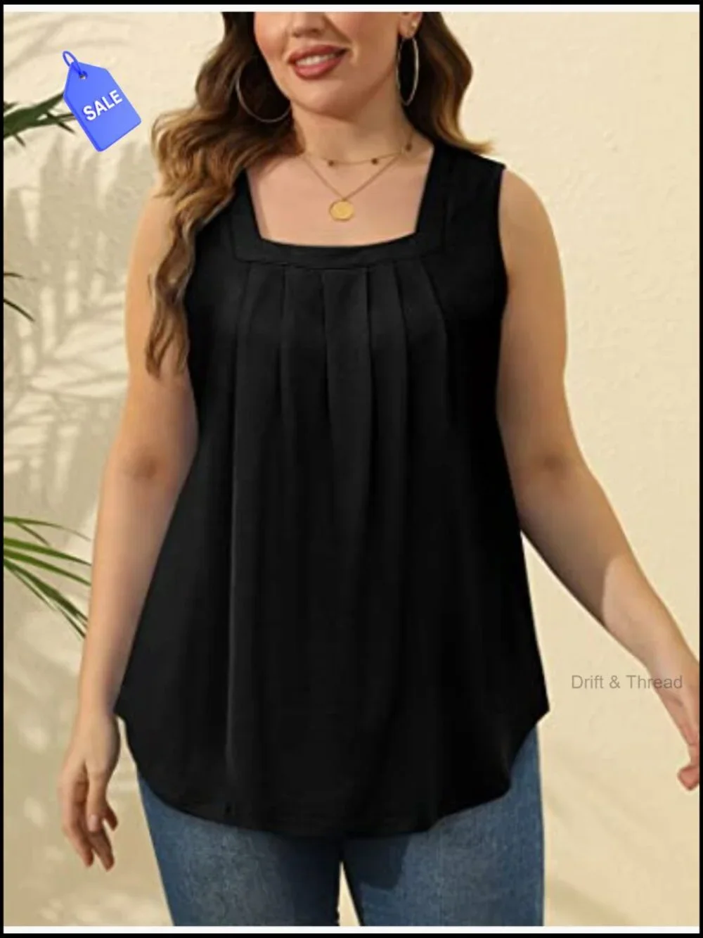 Women's Loose Fit Square Neck Tank Top Pleated Curved Hem Summer